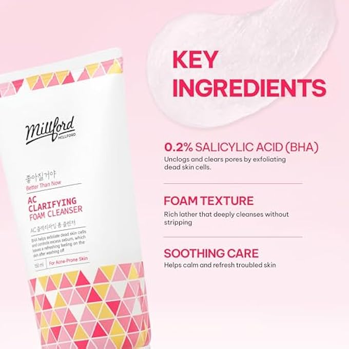 Millford AC CLARIFYING FACE CLEANSING FOAM 150ML/5.1 FL.OZ, DAILY FACIAL FOR OILY SKIN, UNSCENTED, LIGHT TEXTURE, SALICYLIC CLEANSER, BHA, ANTI BLEMISH, KOREAN SKINCARE - Image 4